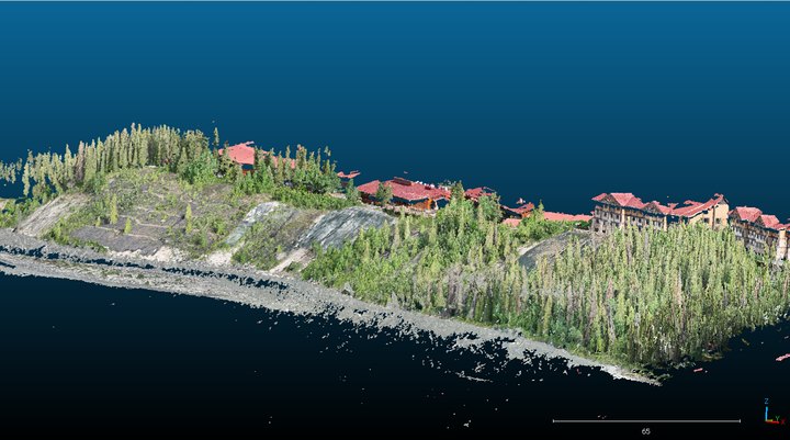 3D point-cloud view of a steep hillside and nearby structures